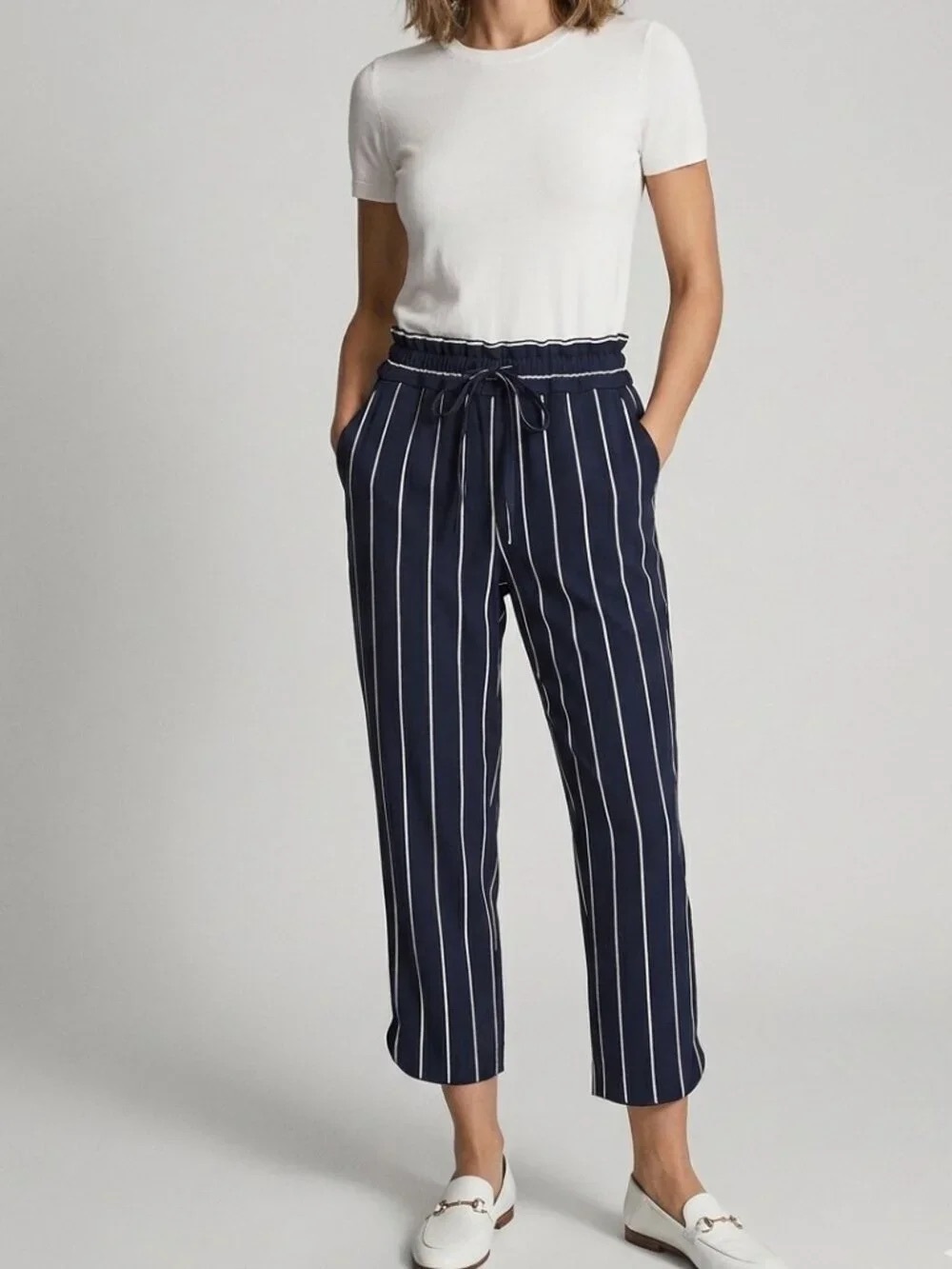 Brand new Zara navy blue and white pinstripe drawstring trousers XS
